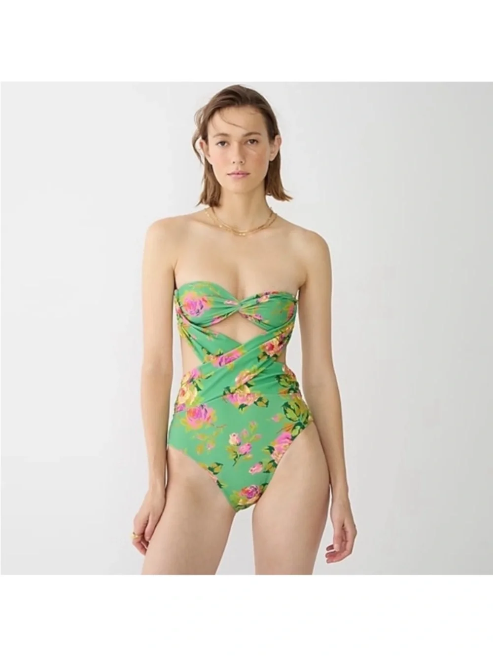 NWT J.Crew Crisscross Cutout Bandeau One-piece in Rose Garden Classic Green - Picture 2 of 4